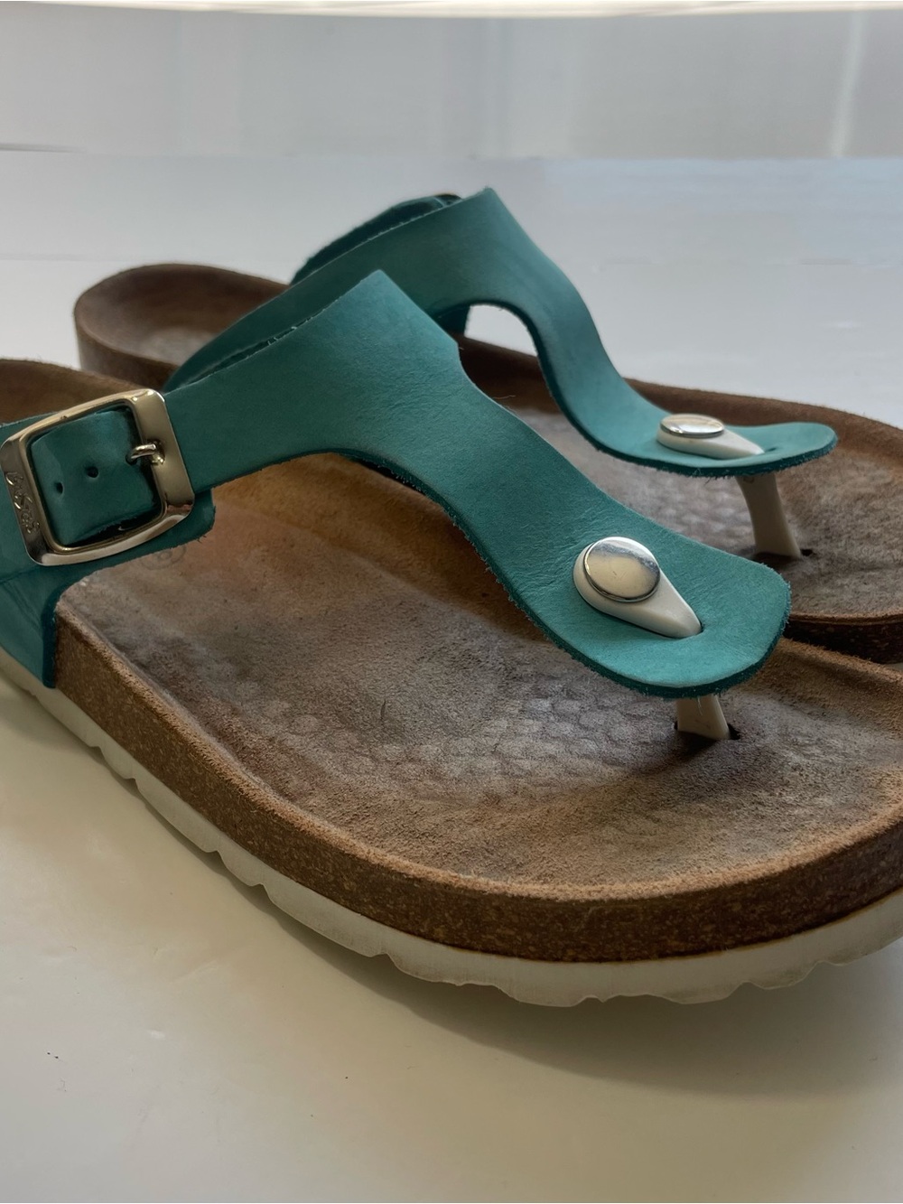 BioStep Turquoise Teal Leather Thong Comfort Sandals - Size 8